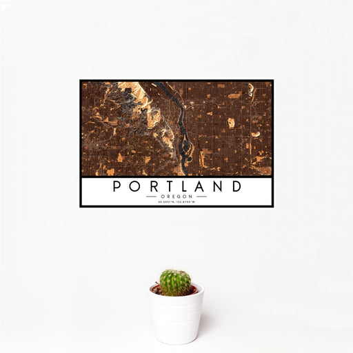 12x18 Portland Oregon Map Print Landscape Orientation in Ember Style With Small Cactus Plant in White Planter