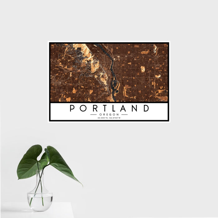 16x24 Portland Oregon Map Print Landscape Orientation in Ember Style With Tropical Plant Leaves in Water