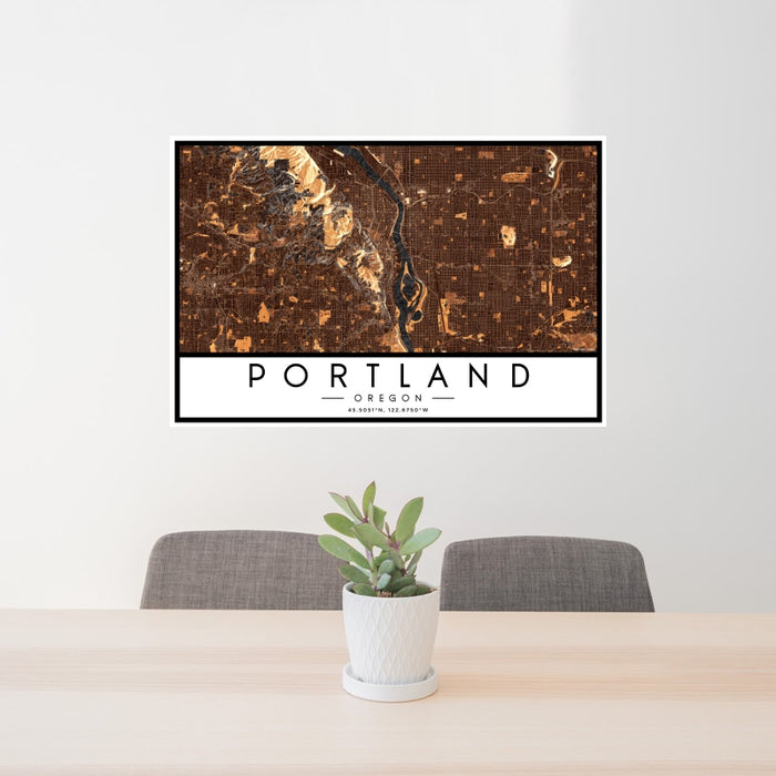 24x36 Portland Oregon Map Print Landscape Orientation in Ember Style Behind 2 Chairs Table and Potted Plant