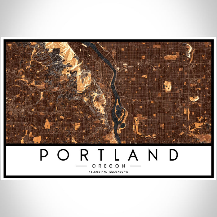 Portland Oregon Map Print Landscape Orientation in Ember Style With Shaded Background