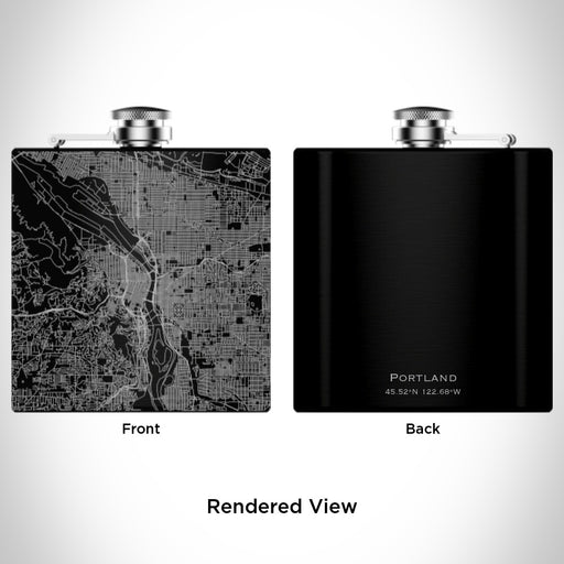 Rendered View of Portland Oregon Map Engraving on 6oz Stainless Steel Flask in Black