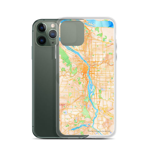 Custom Portland Oregon Map Phone Case in Watercolor on Table with Laptop and Plant