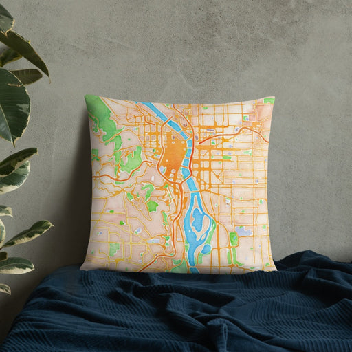 Custom Portland Oregon Map Throw Pillow in Watercolor on Bedding Against Wall
