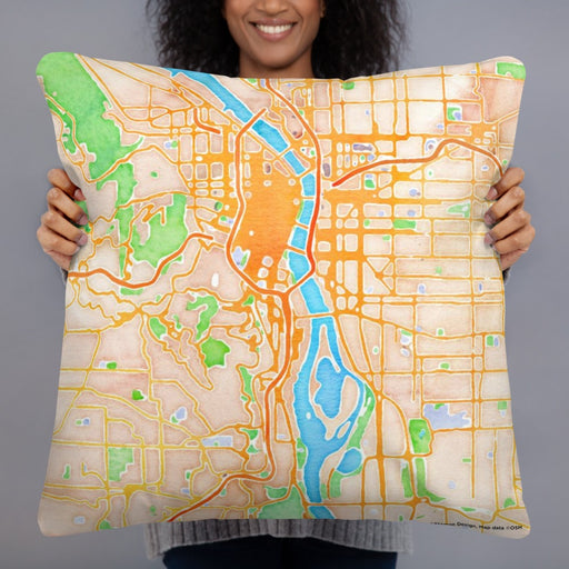 Person holding 22x22 Custom Portland Oregon Map Throw Pillow in Watercolor