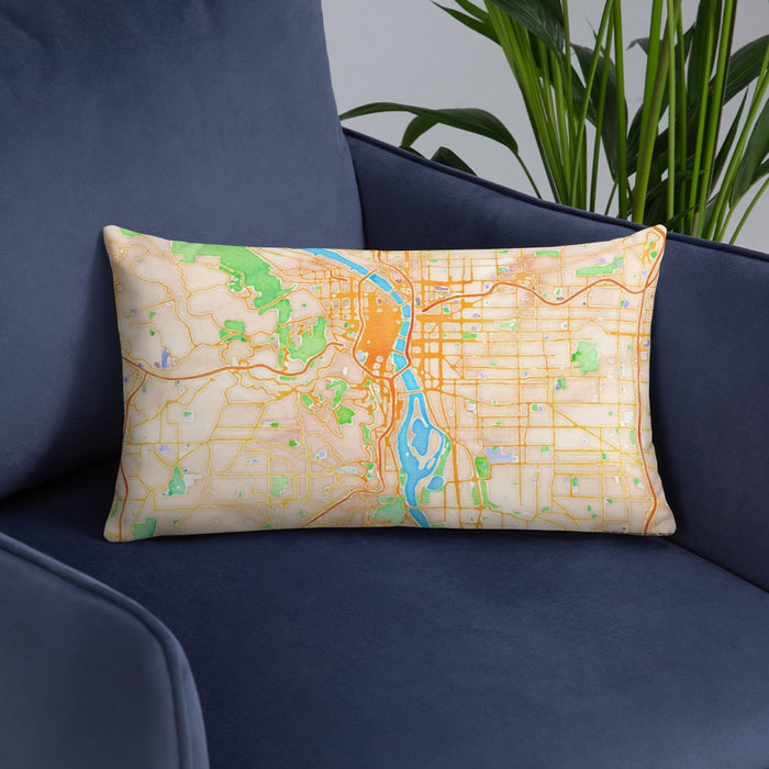 Custom Portland Oregon Map Throw Pillow in Watercolor on Blue Colored Chair