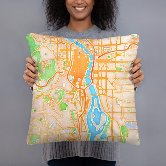 Person holding 18x18 Custom Portland Oregon Map Throw Pillow in Watercolor