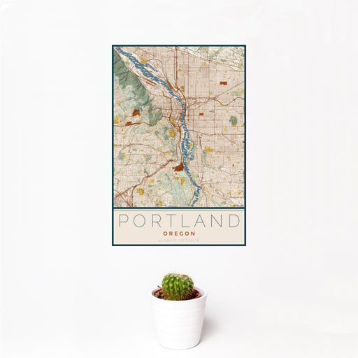 12x18 Portland Oregon Map Print Portrait Orientation in Woodblock Style With Small Cactus Plant in White Planter