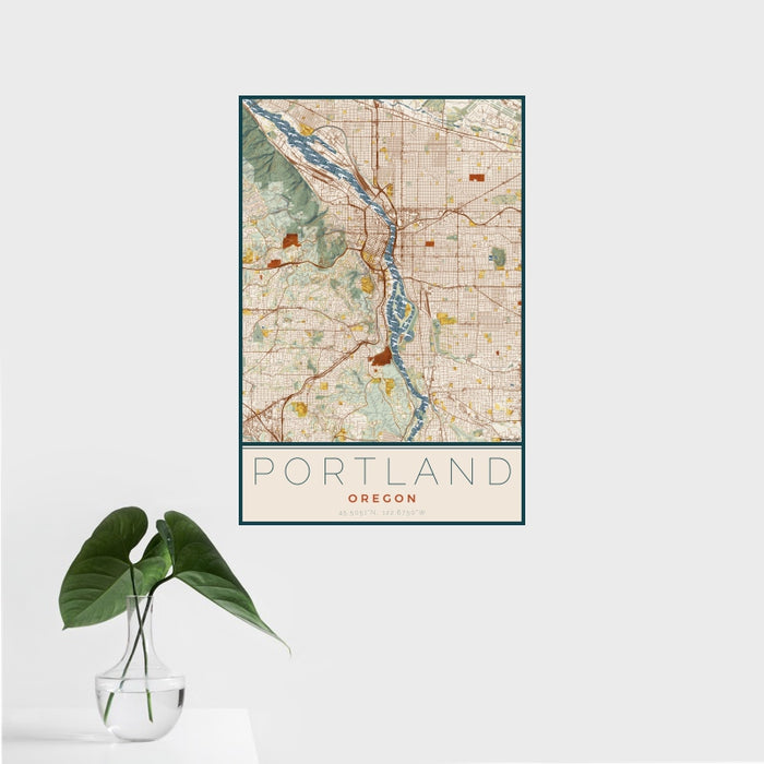 16x24 Portland Oregon Map Print Portrait Orientation in Woodblock Style With Tropical Plant Leaves in Water