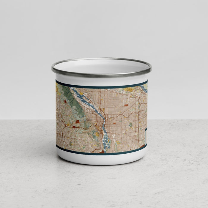 Front View Custom Portland Oregon Map Enamel Mug in Woodblock
