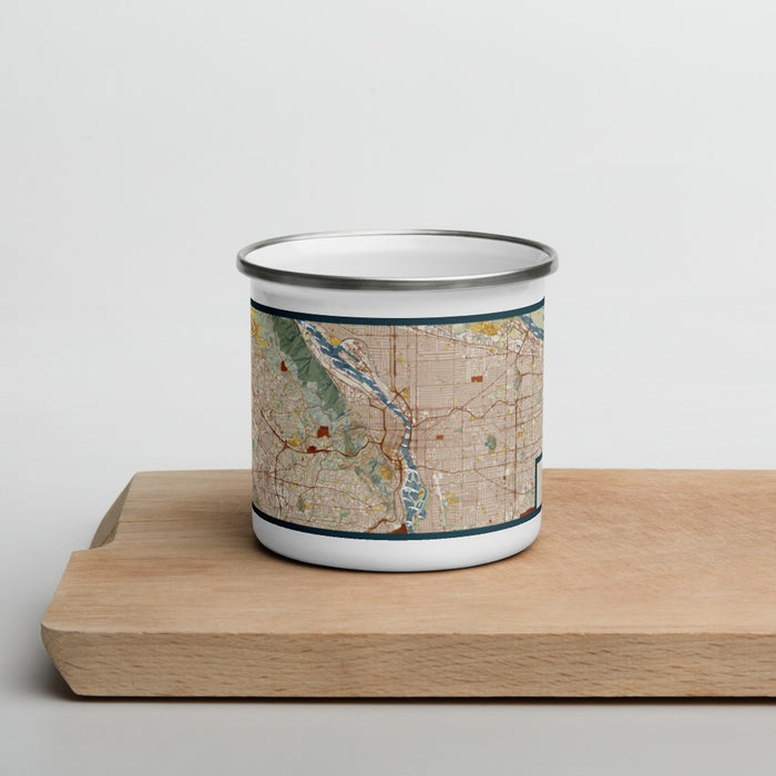 Front View Custom Portland Oregon Map Enamel Mug in Woodblock on Cutting Board