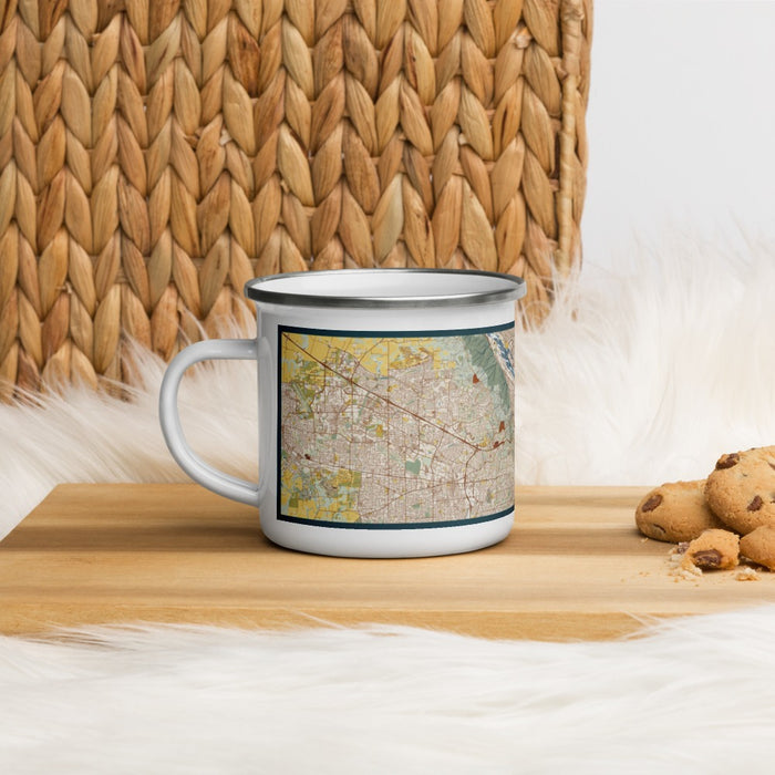 Left View Custom Portland Oregon Map Enamel Mug in Woodblock on Table Top