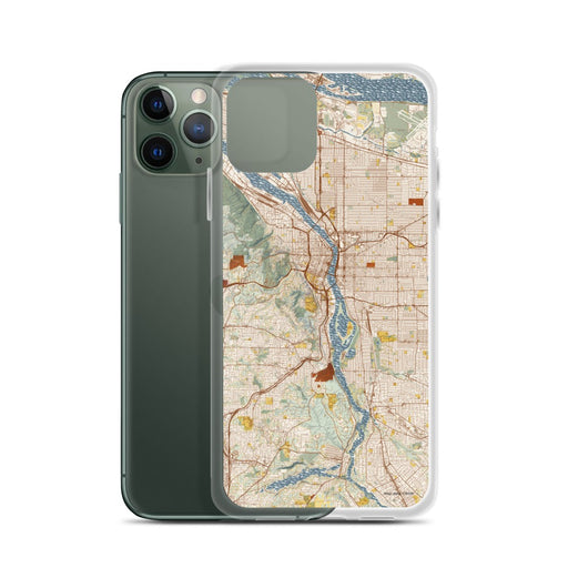 Custom Portland Oregon Map Phone Case in Woodblock on Table with Laptop and Plant