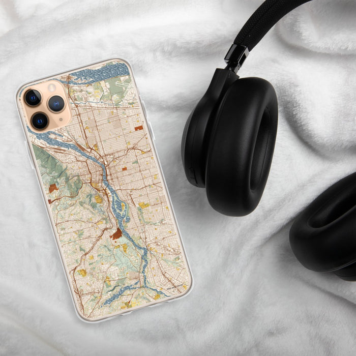 Custom Portland Oregon Map Phone Case in Woodblock on Table with Black Headphones
