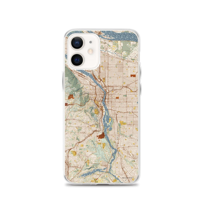 Custom Portland Oregon Map iPhone 12 Phone Case in Woodblock