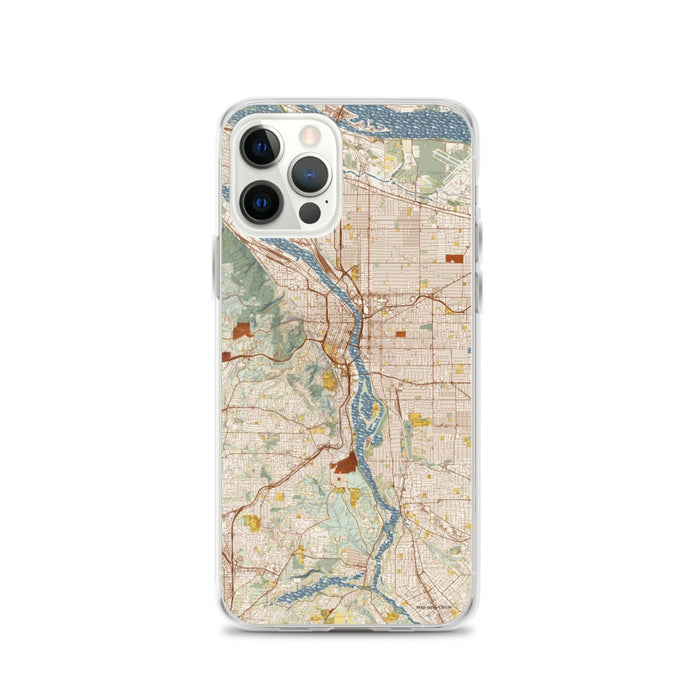Custom Portland Oregon Map iPhone 12 Pro Phone Case in Woodblock