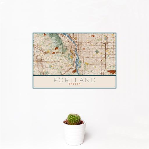 12x18 Portland Oregon Map Print Landscape Orientation in Woodblock Style With Small Cactus Plant in White Planter