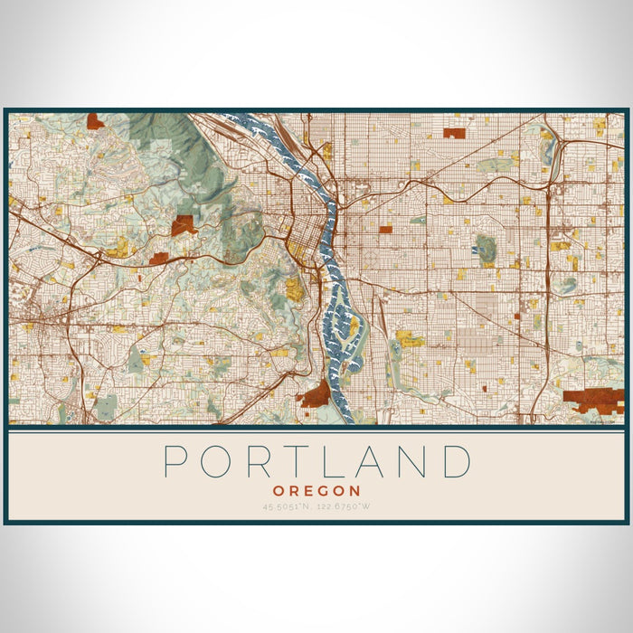Portland Oregon Map Print Landscape Orientation in Woodblock Style With Shaded Background