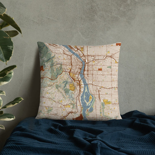 Custom Portland Oregon Map Throw Pillow in Woodblock on Bedding Against Wall
