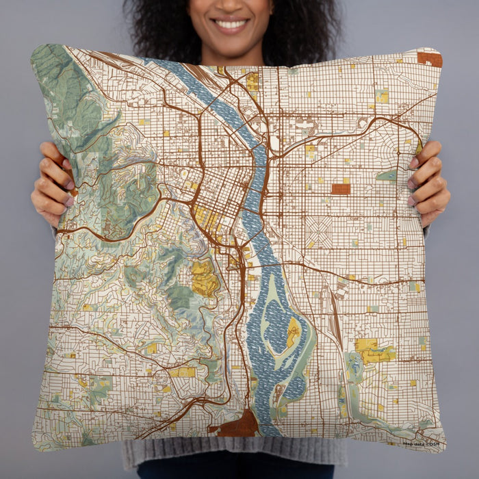 Person holding 22x22 Custom Portland Oregon Map Throw Pillow in Woodblock