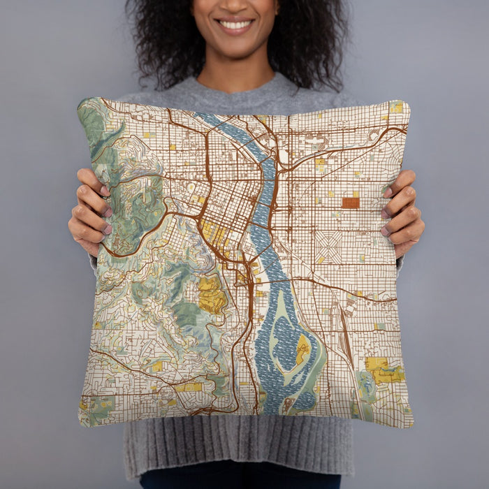 Person holding 18x18 Custom Portland Oregon Map Throw Pillow in Woodblock