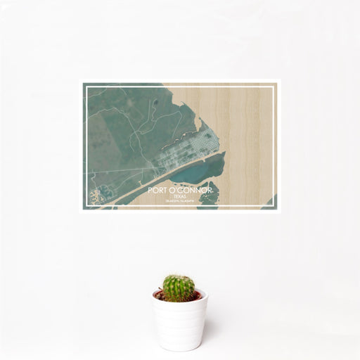 12x18 Port O'Connor Texas Map Print Landscape Orientation in Afternoon Style With Small Cactus Plant in White Planter