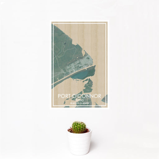 12x18 Port O'Connor Texas Map Print Portrait Orientation in Afternoon Style With Small Cactus Plant in White Planter