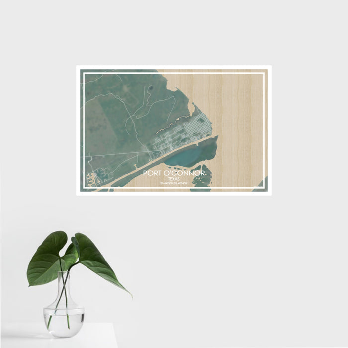 16x24 Port O'Connor Texas Map Print Landscape Orientation in Afternoon Style With Tropical Plant Leaves in Water