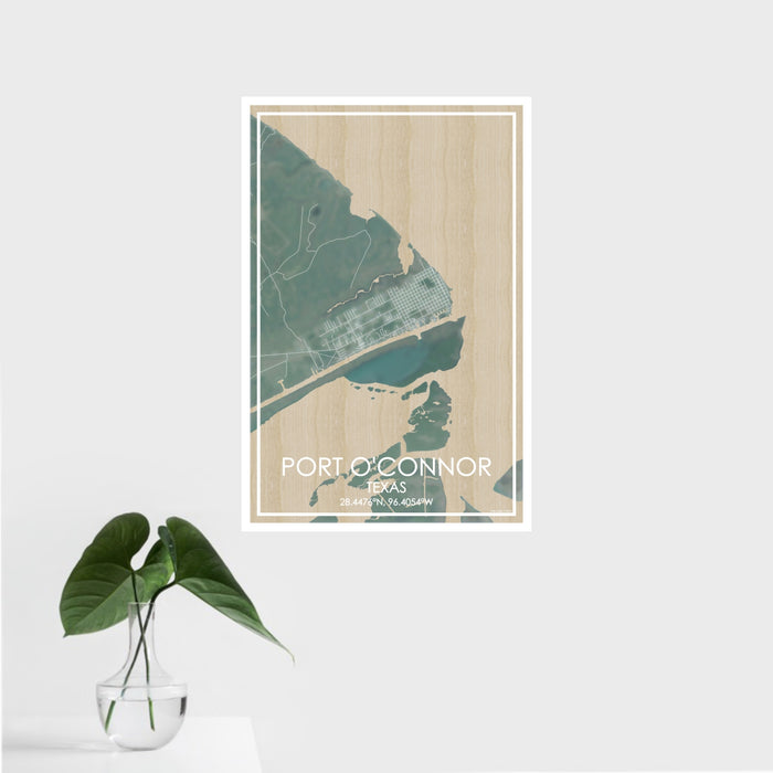16x24 Port O'Connor Texas Map Print Portrait Orientation in Afternoon Style With Tropical Plant Leaves in Water