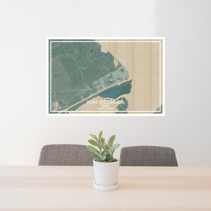 24x36 Port O'Connor Texas Map Print Lanscape Orientation in Afternoon Style Behind 2 Chairs Table and Potted Plant