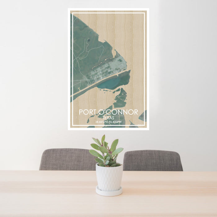 24x36 Port O'Connor Texas Map Print Portrait Orientation in Afternoon Style Behind 2 Chairs Table and Potted Plant