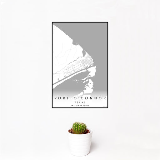 12x18 Port O'Connor Texas Map Print Portrait Orientation in Classic Style With Small Cactus Plant in White Planter