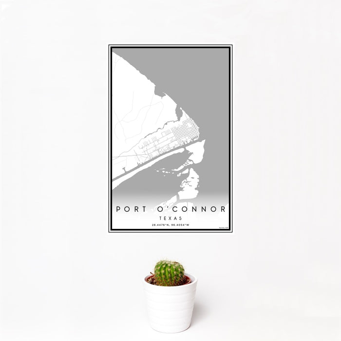 12x18 Port O'Connor Texas Map Print Portrait Orientation in Classic Style With Small Cactus Plant in White Planter