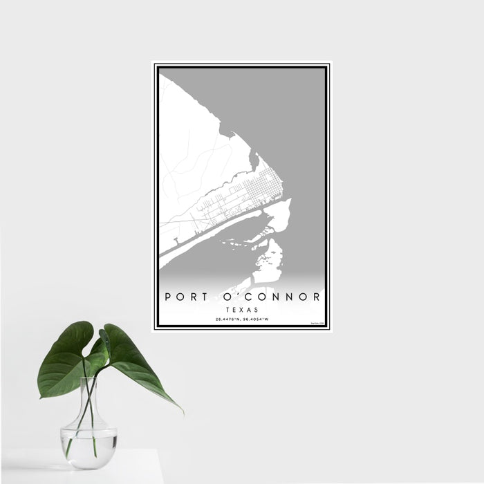 16x24 Port O'Connor Texas Map Print Portrait Orientation in Classic Style With Tropical Plant Leaves in Water