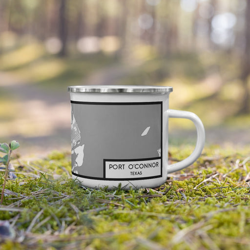 Right View Custom Port O'Connor Texas Map Enamel Mug in Classic on Grass With Trees in Background
