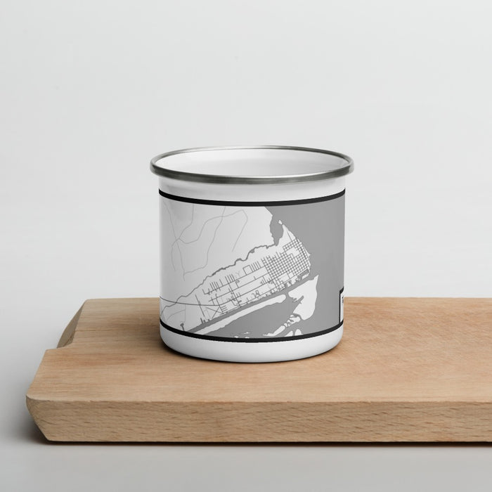Front View Custom Port O'Connor Texas Map Enamel Mug in Classic on Cutting Board