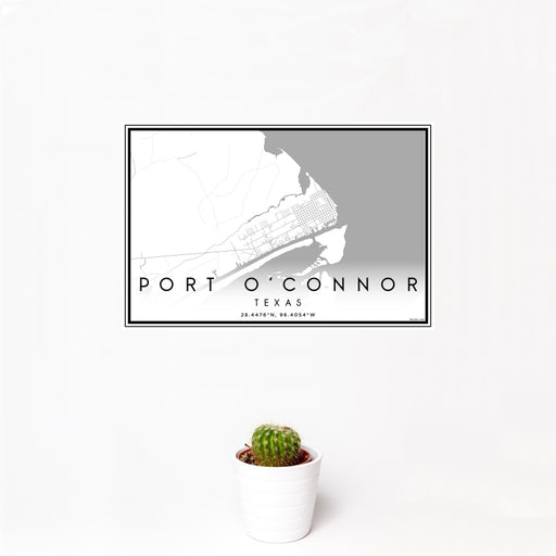 12x18 Port O'Connor Texas Map Print Landscape Orientation in Classic Style With Small Cactus Plant in White Planter