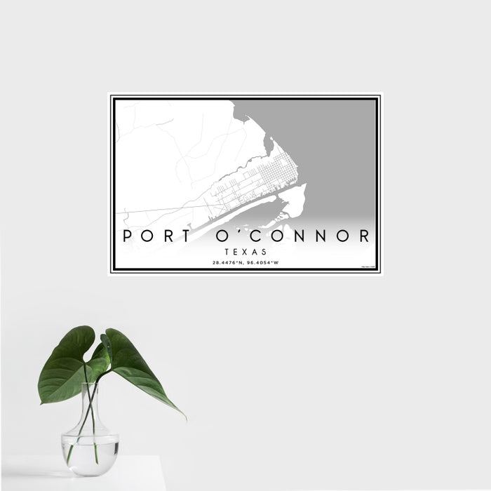 16x24 Port O'Connor Texas Map Print Landscape Orientation in Classic Style With Tropical Plant Leaves in Water