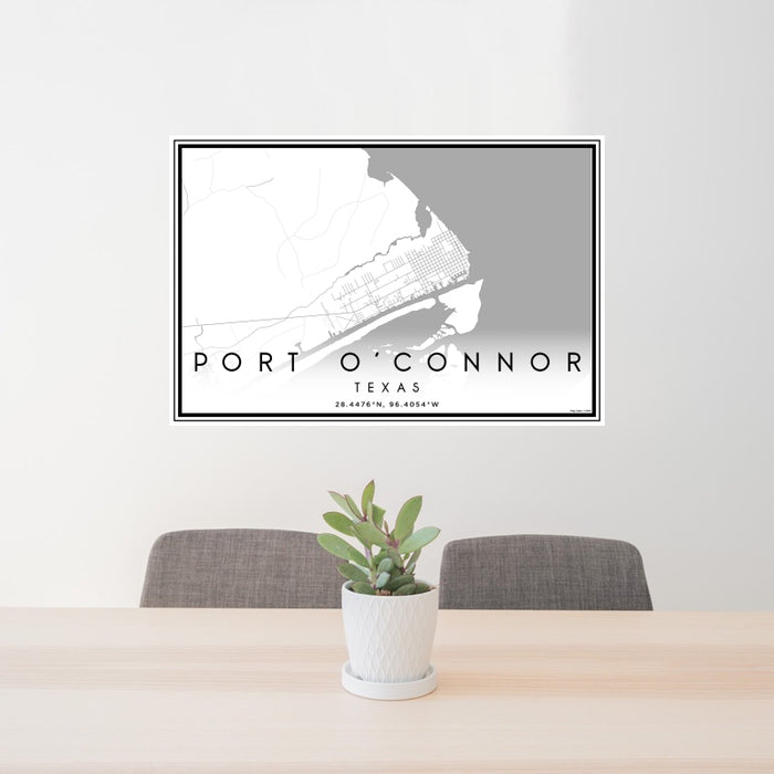 24x36 Port O'Connor Texas Map Print Landscape Orientation in Classic Style Behind 2 Chairs Table and Potted Plant