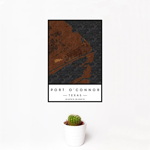 12x18 Port O'Connor Texas Map Print Portrait Orientation in Ember Style With Small Cactus Plant in White Planter