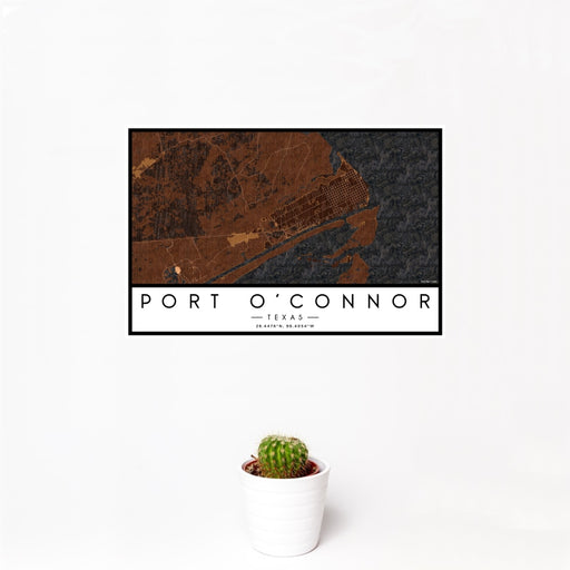 12x18 Port O'Connor Texas Map Print Landscape Orientation in Ember Style With Small Cactus Plant in White Planter