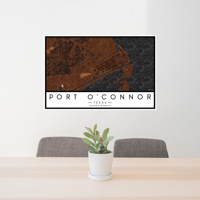 24x36 Port O'Connor Texas Map Print Landscape Orientation in Ember Style Behind 2 Chairs Table and Potted Plant