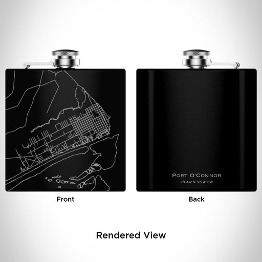 Rendered View of Port O'Connor Texas Map Engraving on 6oz Stainless Steel Flask in Black