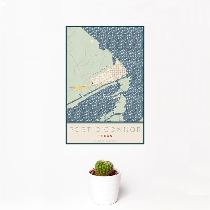 12x18 Port O'Connor Texas Map Print Portrait Orientation in Woodblock Style With Small Cactus Plant in White Planter
