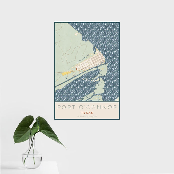 16x24 Port O'Connor Texas Map Print Portrait Orientation in Woodblock Style With Tropical Plant Leaves in Water