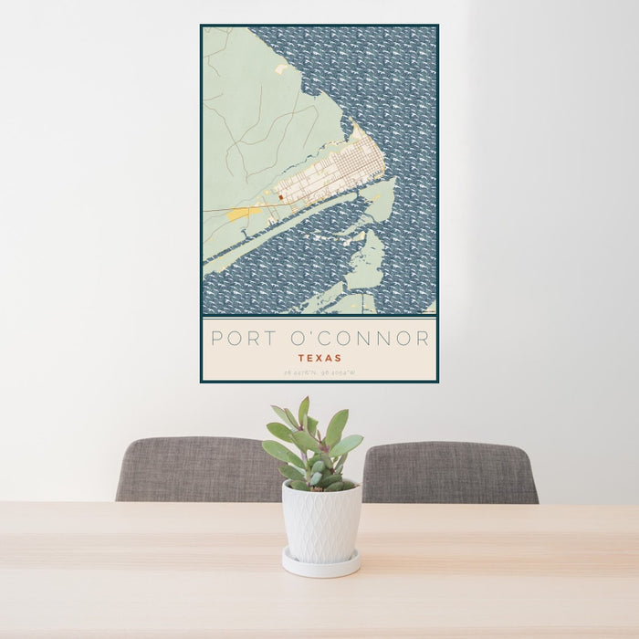 24x36 Port O'Connor Texas Map Print Portrait Orientation in Woodblock Style Behind 2 Chairs Table and Potted Plant