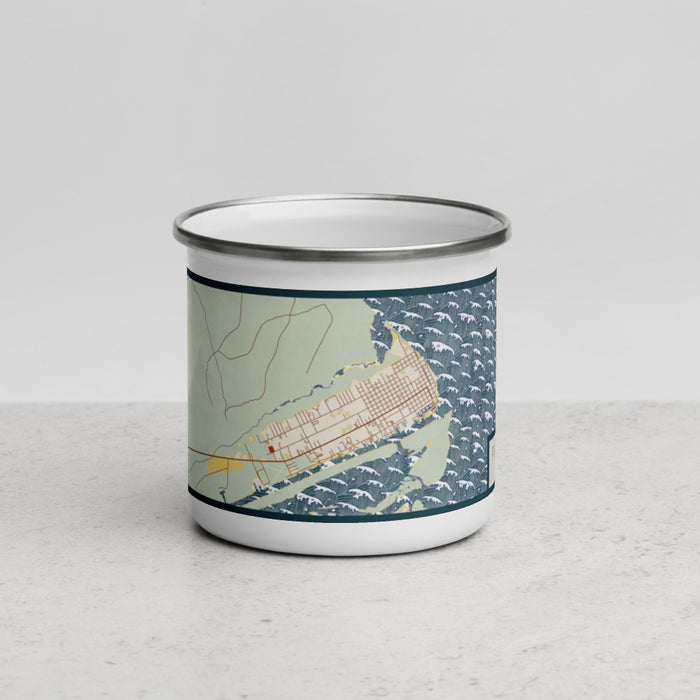 Front View Custom Port O'Connor Texas Map Enamel Mug in Woodblock