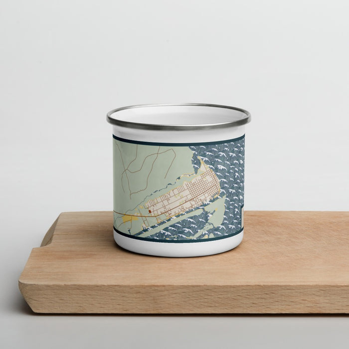 Front View Custom Port O'Connor Texas Map Enamel Mug in Woodblock on Cutting Board