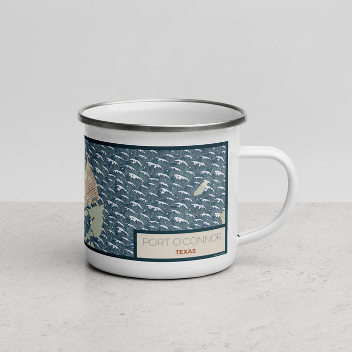 Right View Custom Port O'Connor Texas Map Enamel Mug in Woodblock