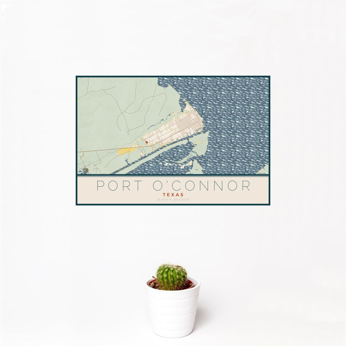 12x18 Port O'Connor Texas Map Print Landscape Orientation in Woodblock Style With Small Cactus Plant in White Planter