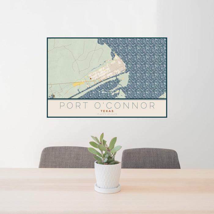 24x36 Port O'Connor Texas Map Print Landscape Orientation in Woodblock Style Behind 2 Chairs Table and Potted Plant